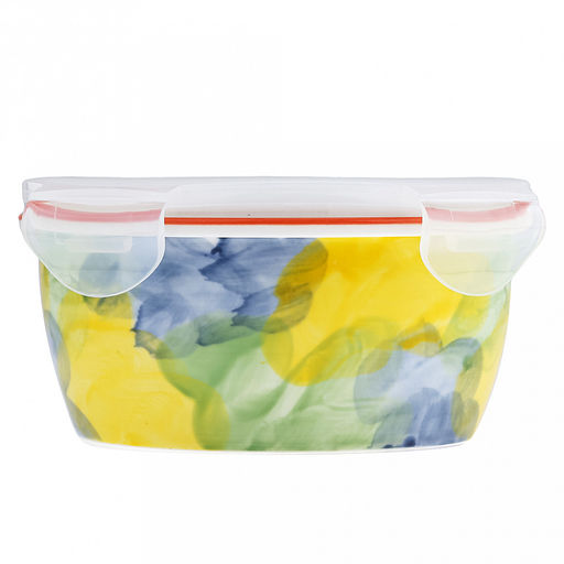 Акварель Салатник-контейнер фарфоровый 900мл, д16,7х7,3см, круглый, с деколью, отводка, пластмассовая крышка, герметичная, с клипсами, с силиконовым уплотнителем (Китай) - Домашняя мода фото 4