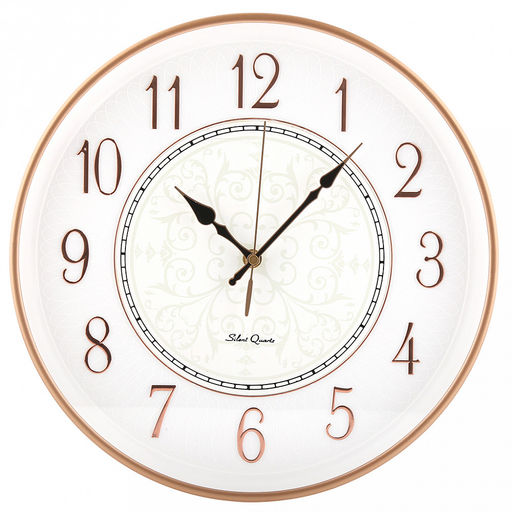 Часы настенные "Видение" д35см, h5см, мягкий ход, циферблат "Вензель" белый/перламутровый; цифры арабские, розовое золото; корпус пластик, медный/белый; в коробке (Китай)