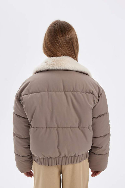 Пуховое пальто с воротником из искусственного меха для девочек, ветрозащитное пальто на молнии - Defacto фото 10