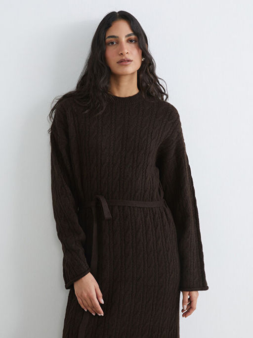 Bisiklet Yaka Kendinden Desenli Ku?akl? Triko Elbise