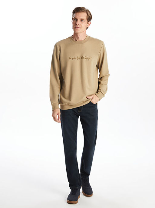 Bisiklet Yaka Uzun Kollu Bask?l? Erkek Sweatshirt