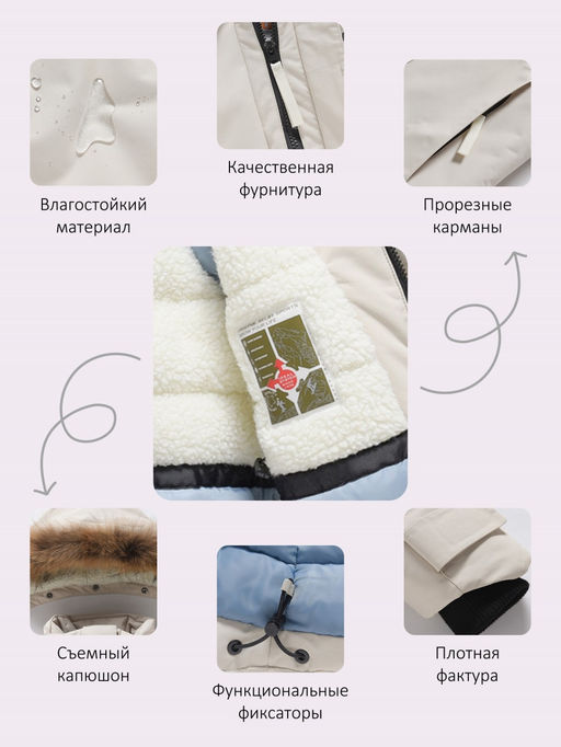 Парка зимняя подростковая для девочки с капюшоном и мехом бежевого цвета 9534B