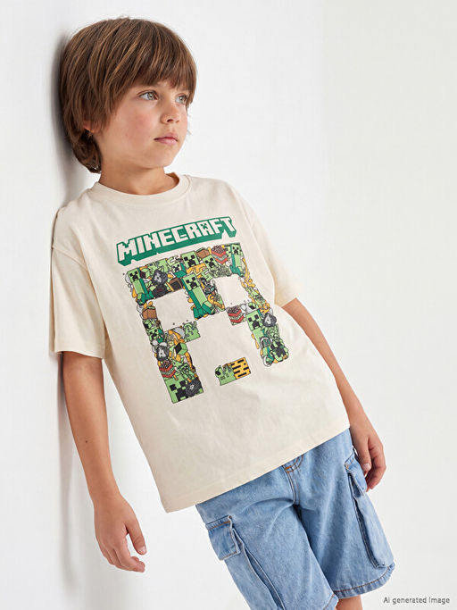Bisiklet Yaka Minecraft Bask?l? Erkek ?ocuk Ti??rt