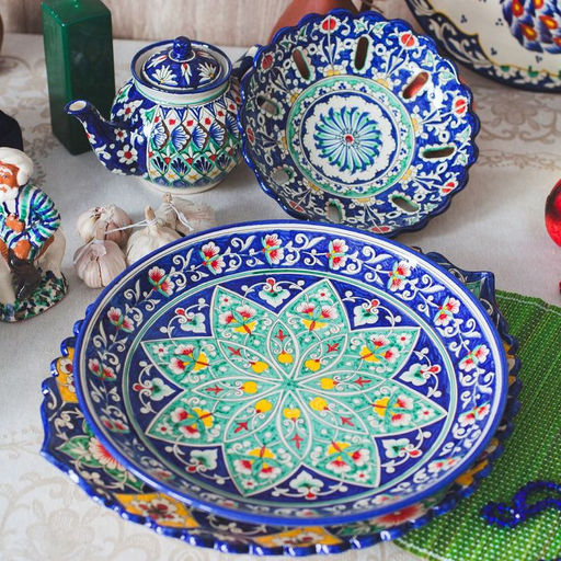 Ляган узбекский Риштанская Керамика «Цветы», d=31 см, синий