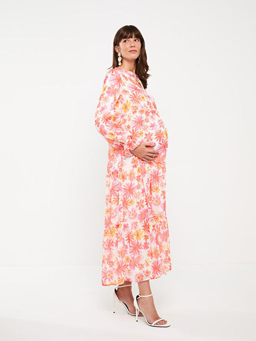 Ba?lamal? Yaka ?i?ekli Uzun Kollu Hamile Elbise