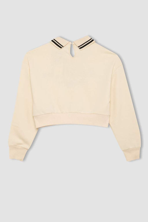 Толстовка с принтом для девочек цвета экрю, свободный крой с воротником-поло и надписью - Defacto фото 3