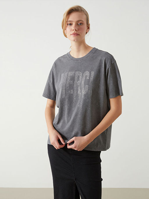Bisiklet Yaka Ta?l? Oversize Kad?n Ti??rt