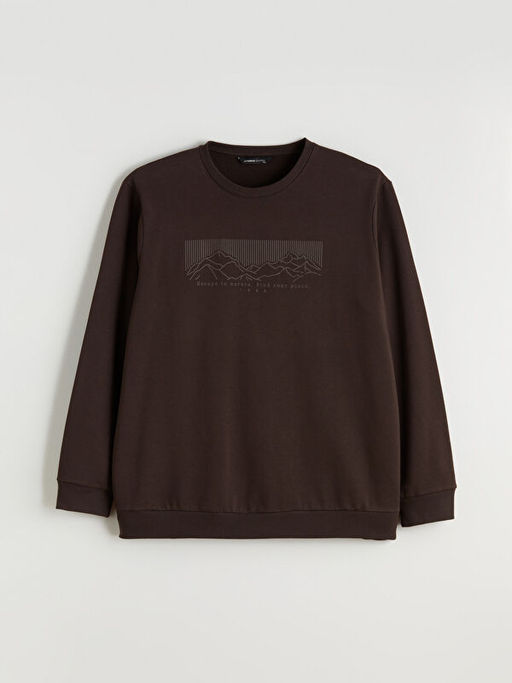 B?y?k Beden Bisiklet Yaka Bask?l? Erkek Kal?n Sweatshirt