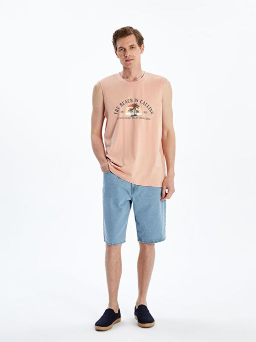 Bisiklet Yaka Bask?l? Erkek Kolsuz Ti??rt