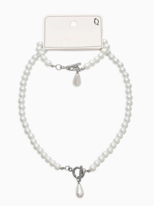 Набор 2 пред-та: бусы.браслет "Жемчуг", капелька, цвет белый в серебре L=18/42см №8