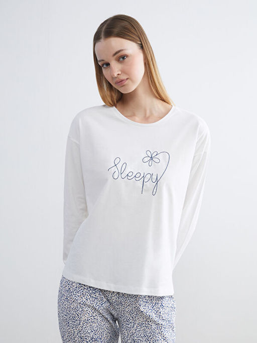 Bisiklet Yaka Bask?l? Kad?n Pijama Tak?m?