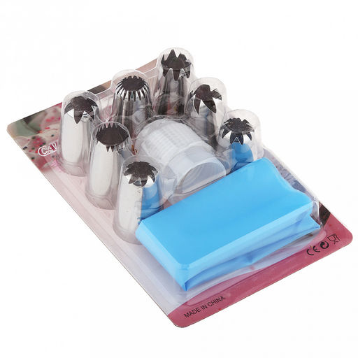 Кондитерский набор 9 предметов Букет: мешок для крема п/эт 32см, насадка из нержавеющей стали - 7 штук, широкие, открытые, д3см, h4,3см; фиксатор винтовой для насадок пластик, на блистере 18х11,8х4,5см (Китай) - Домашняя мода фото 2