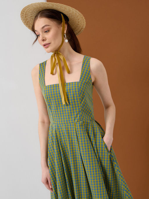 Платье хлопок OD-799-1 клетка желто-голубая OD-799-1