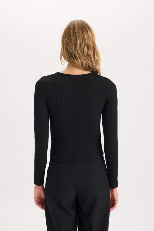 Облегающая футболка с круглым вырезом и длинными рукавами из простой ткани с блестками - Defacto фото 5