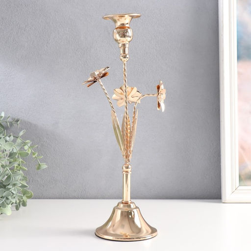 Металлический подсвечник на 1 свечу Три цветка, d=2.5 см, золото, 10?10?33 см
