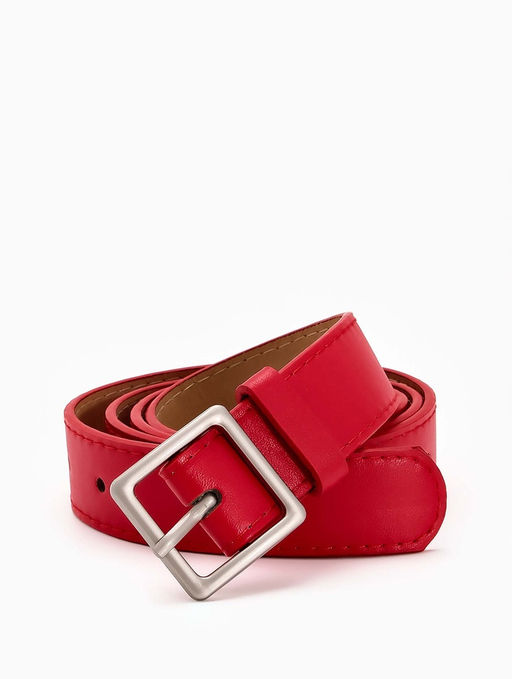 Ремень женский, 110×3 см, квадратная матовая металлическая пряжка, серебристая, красный
