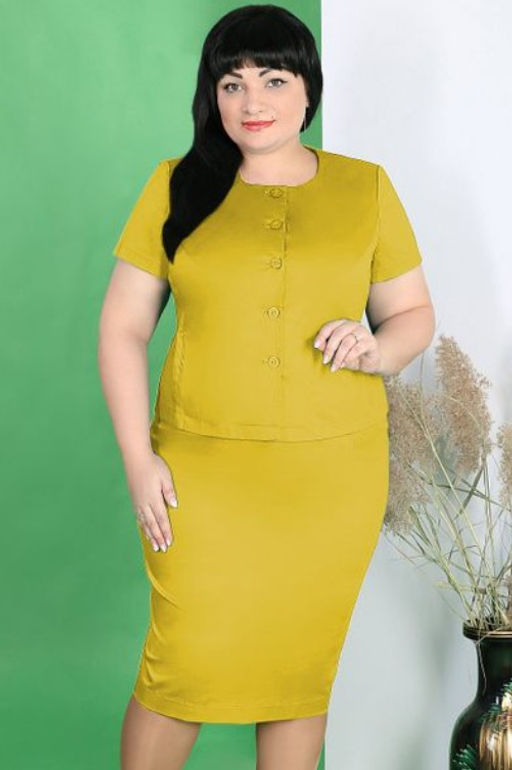 Костюм больших размеров юбочный горчичный - Almond фото 2