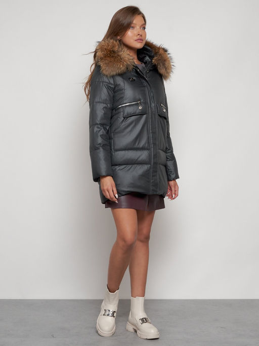 Куртка зимняя женская модная с мехом темно-серого цвета 132298TC - Visdeer фото 4