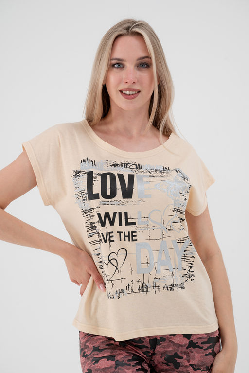 Футболка женская со спущенным плечом из кулирки Лира топленое молоко с принтом Love - Амадэль фото 12