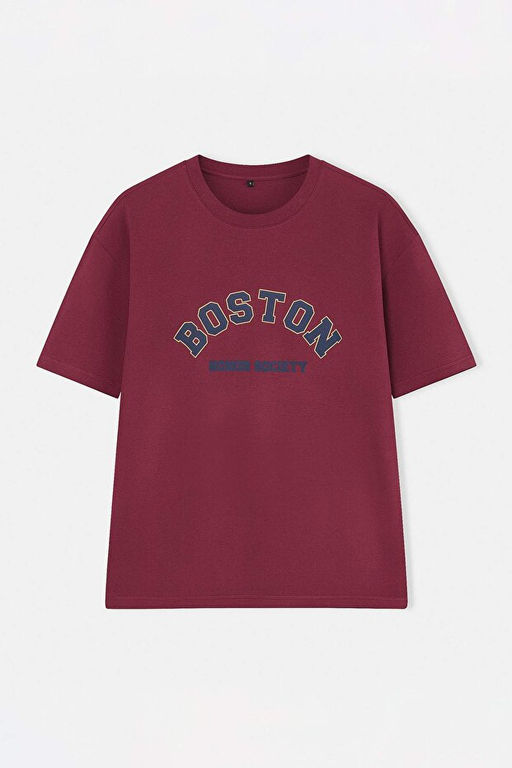 Bordo Oversize/Geni_ Kesim Bisiklet Yaka K_sa Kollu Yaz_ Bask_l_ T-Shirt TMNSS21TS1217