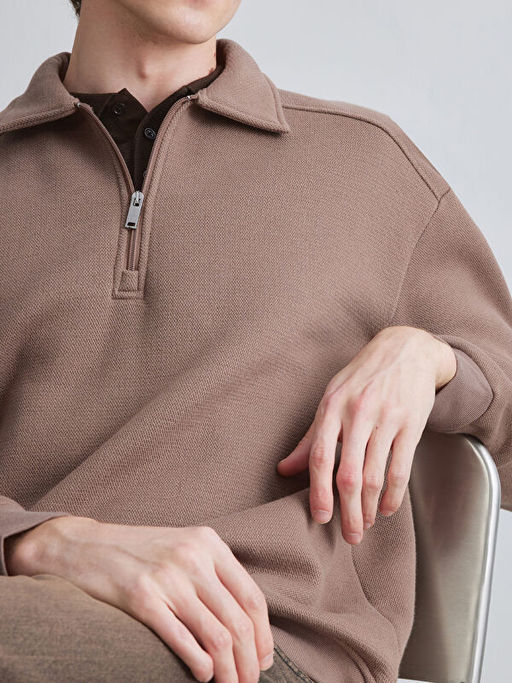 Fermuarl? Polo Yaka Erkek Dokulu Sweatshirt