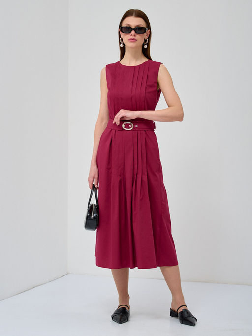 Платье хлопок с поясом бордовое