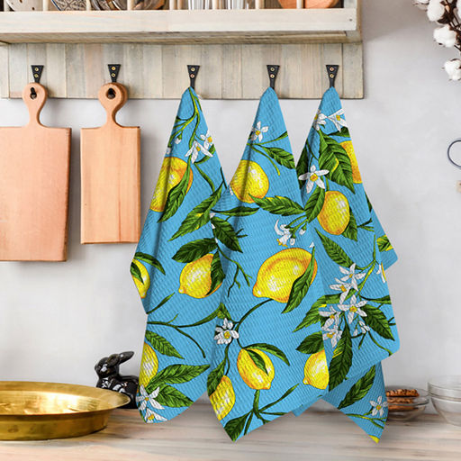 Полотенце вафельное 48х62см "Лимоны, голубой", хлопок 100%, 152гр/м2, "Домашняя мода" (Россия)