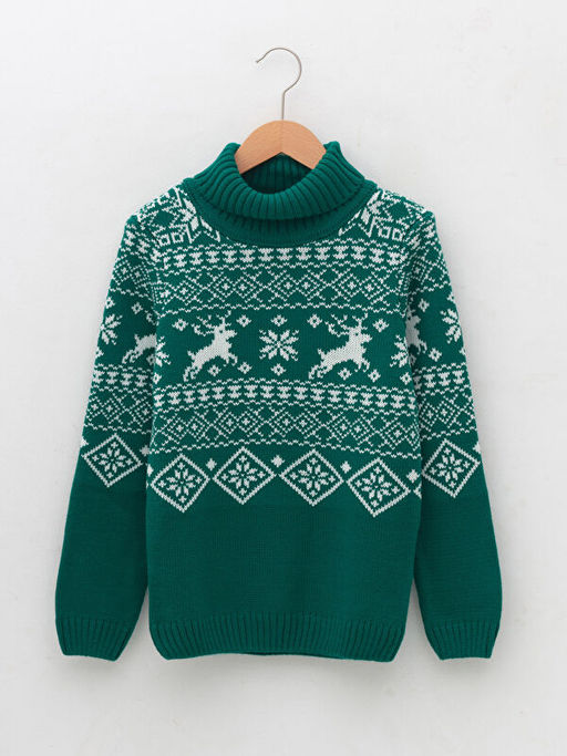 Bal?k?? Yaka Y?lba?? Temal? Uzun Kollu Erkek ?ocuk Triko Kazak