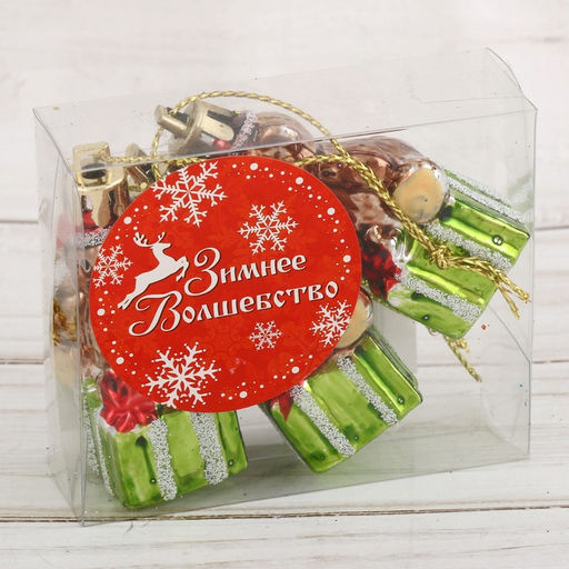 Цена за 2 шт. Ёлочные игрушки 3 шт. Зимнее волшебство. Мишка на подарке пластик, 64 см фото 2