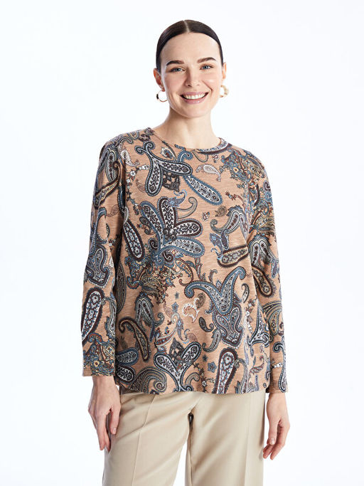 Bisiklet Yaka ?i?ekli Uzun Kollu Kad?n Bluz