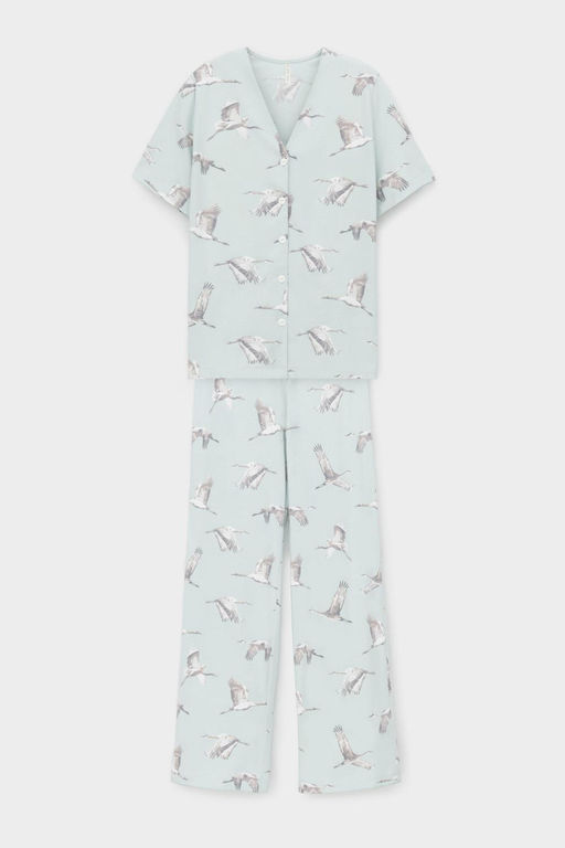Е 20153/туманный голубой, журавли пижама жен (рубашка ночная, брюки)