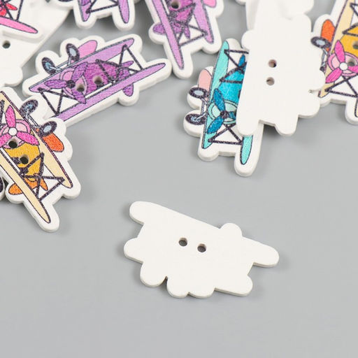 Цена за 2 шт. Пуговицы дерево для творчества 2 прокола Самолет с пропеллером, набор 20 шт., 3.2?1.9 см