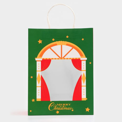 Цена за 12 шт. Пакет подарочный новогодний крафт с окном Театр 26?35?16 см