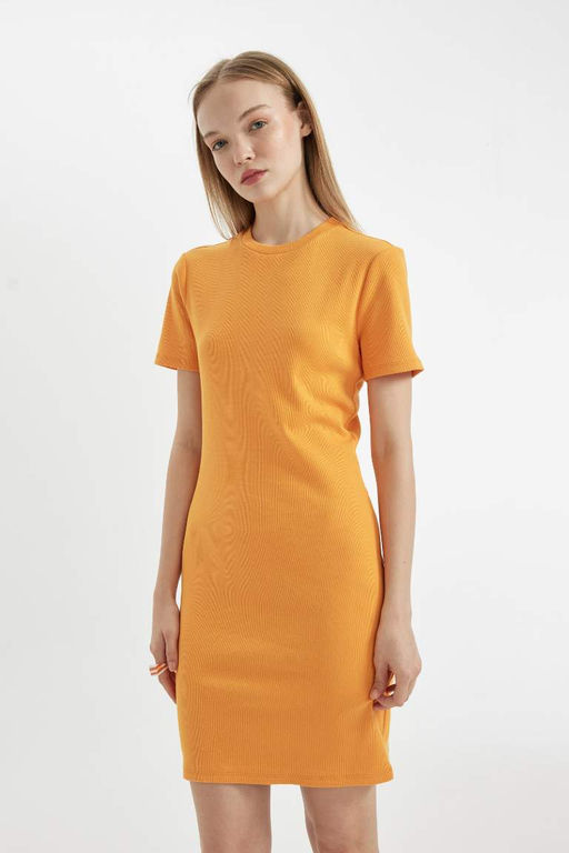 Мини-платье Bodycon с круглым вырезом в рубчик и короткими рукавами - Defacto фото 4