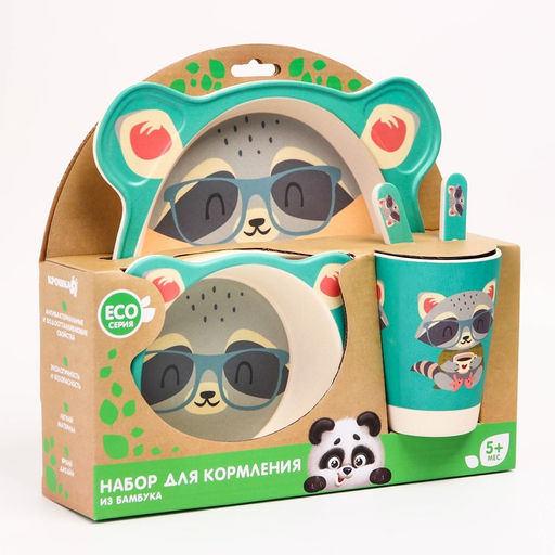 Набор детской бамбуковой посуды Енотик, тарелка, миска, стакан, приборы, 5 предметов - Крошка я фото 2