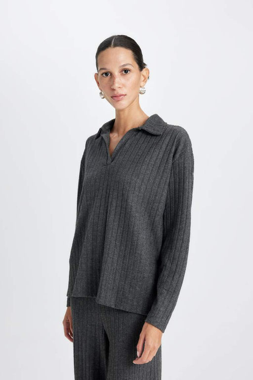 Женская антрацитовая повседневная футболка с воротником поло в рубчик и длинными рукавами - Defacto фото 4