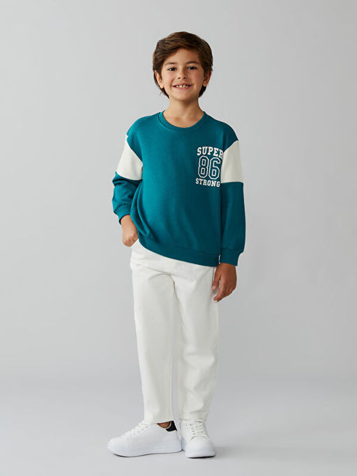 Bisiklet Yaka Bask?l? Erkek ?ocuk Sweatshirt