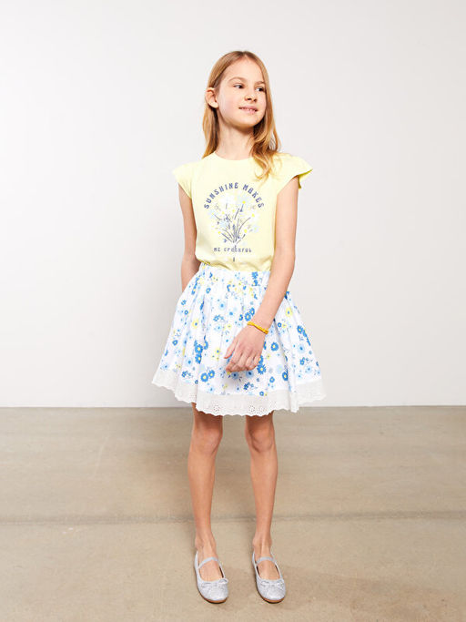 Bisiklet Yaka Bask?l? K?sa Kollu K?z ?ocuk Ti??rt ve Etek