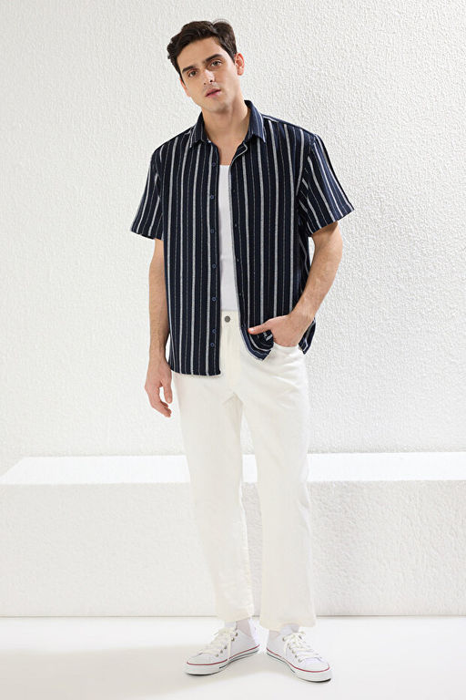 Lacivert Oversize Fit K_sa Kollu _izgili Etamin Yazl_k G_mlek TMNSS25GO00012 - Trendyolmilla фото 2