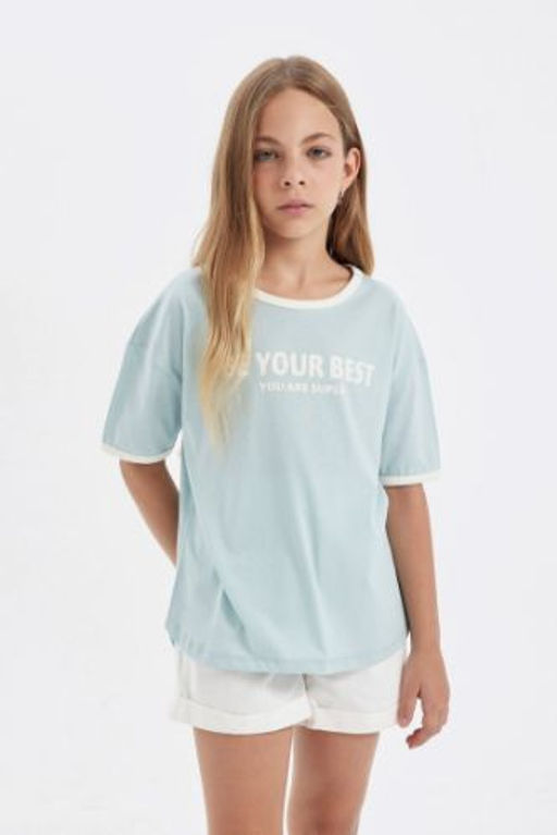K?z Cocuk Oversize Genis Kal?p Bisiklet Yaka Bask?l? K?sa Kollu Tisort