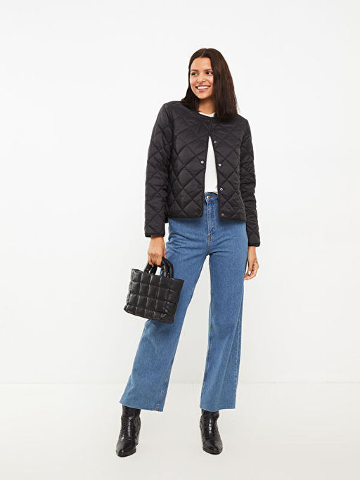 Bisiklet Yaka Kapitone Desenli Uzun Kollu Kad?n ?i?me Mont