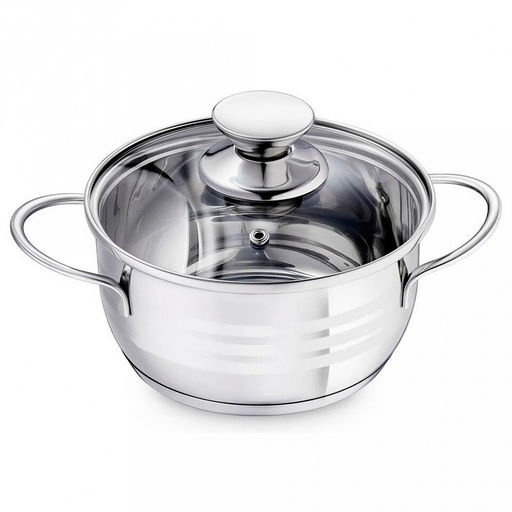 Кастрюля из нержавеющей стали Bimbo Vitro 1л, д14см, h7см, s0,5мм, дно s2,9мм, стеклянная крышка, ручки из нержавеющей стали, точечная сварка (Китай) Подходит для всех видов плит, включая индукционную. - Домашняя мода фото 2