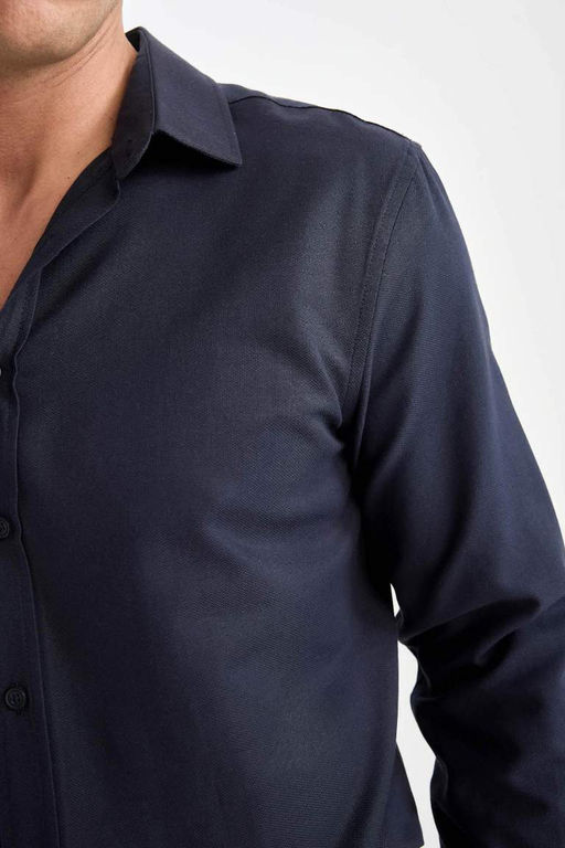 Темно-синяя текстурированная рубашка с длинным рукавом Снова в школу современного кроя с воротником-поло - Defacto фото 4