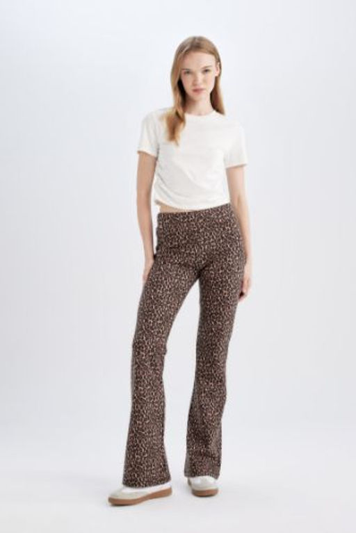 Flare Fit Lepoar Desenli Duz Paca Uzun Boy Pantolon