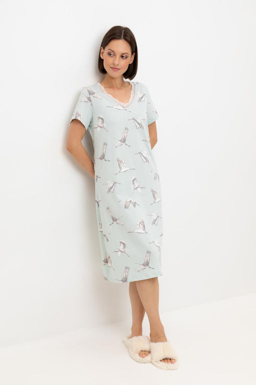 Е 10054/туманный голубой,журавли сорочка ночная жен