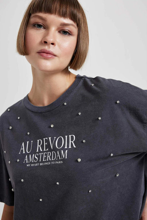 Футболка оверсайз с круглым вырезом и принтом из чесаного хлопка с короткими рукавами - Defacto фото 5