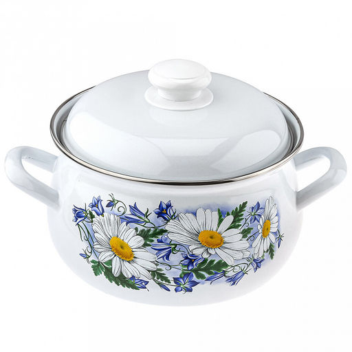 "Ромашковое поле" Кастрюля эмалированная 3л, д23см, h26,5см, форма грушевидная, металлическая крышка (Россия)