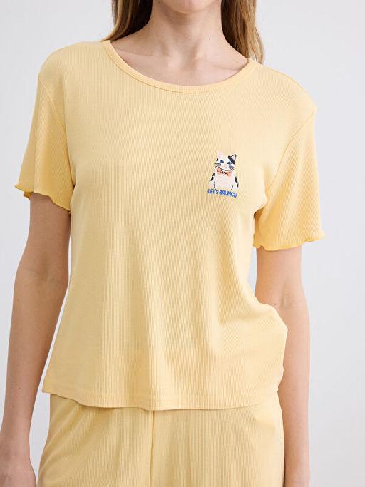 Bisiklet Yaka Nak??l? Kad?n ?ortlu Pijama Tak?m?