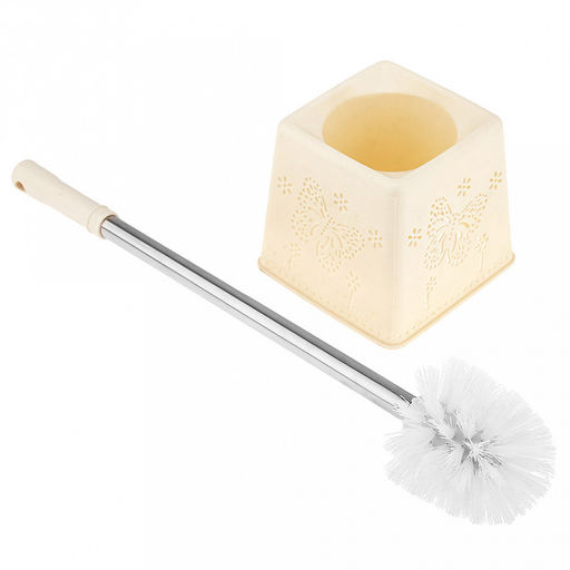 Ерш унитазный пластмассовый со съемной ручкой из нержавеющей стали "Бабочки" 44см, с подставкой 13х13см h11,5см, ванильный (Китай)