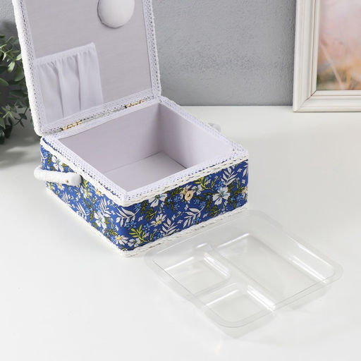 Шкатулка для рукоделия и шитья Полевые цветы на синем, хранение ниток, иголок, мелочи, 20?20?11 см